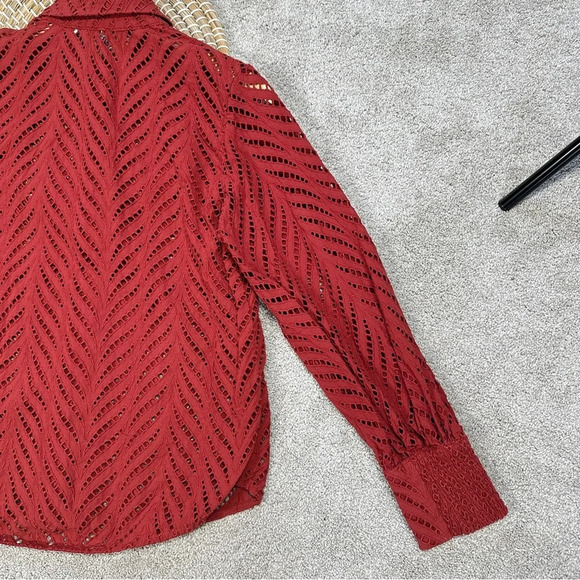 Chico’s Poplin Cutwork Shirt Button Front Longsleeve Lace in Rust Orange Size 6 - Picture 10 of 15